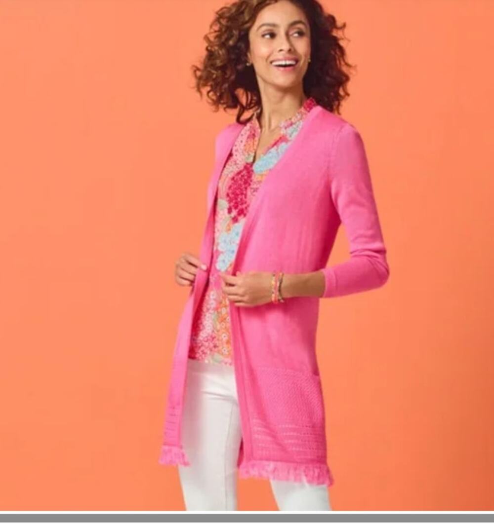 Talbots Womens Open Front Longline Fringe Cardigan Sweater Size Medium Pink